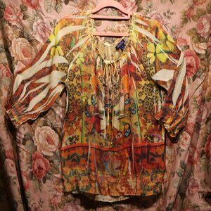 Size M Lucky Brand Boho Design Sheer Top with Rouched Bottom Rhinestone Details